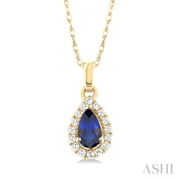 5x3 MM Pear Shape Sapphire and 1/20 Ctw Single Cut Diamond Halo Precious Pendant with Chain in 10K Yellow Gold